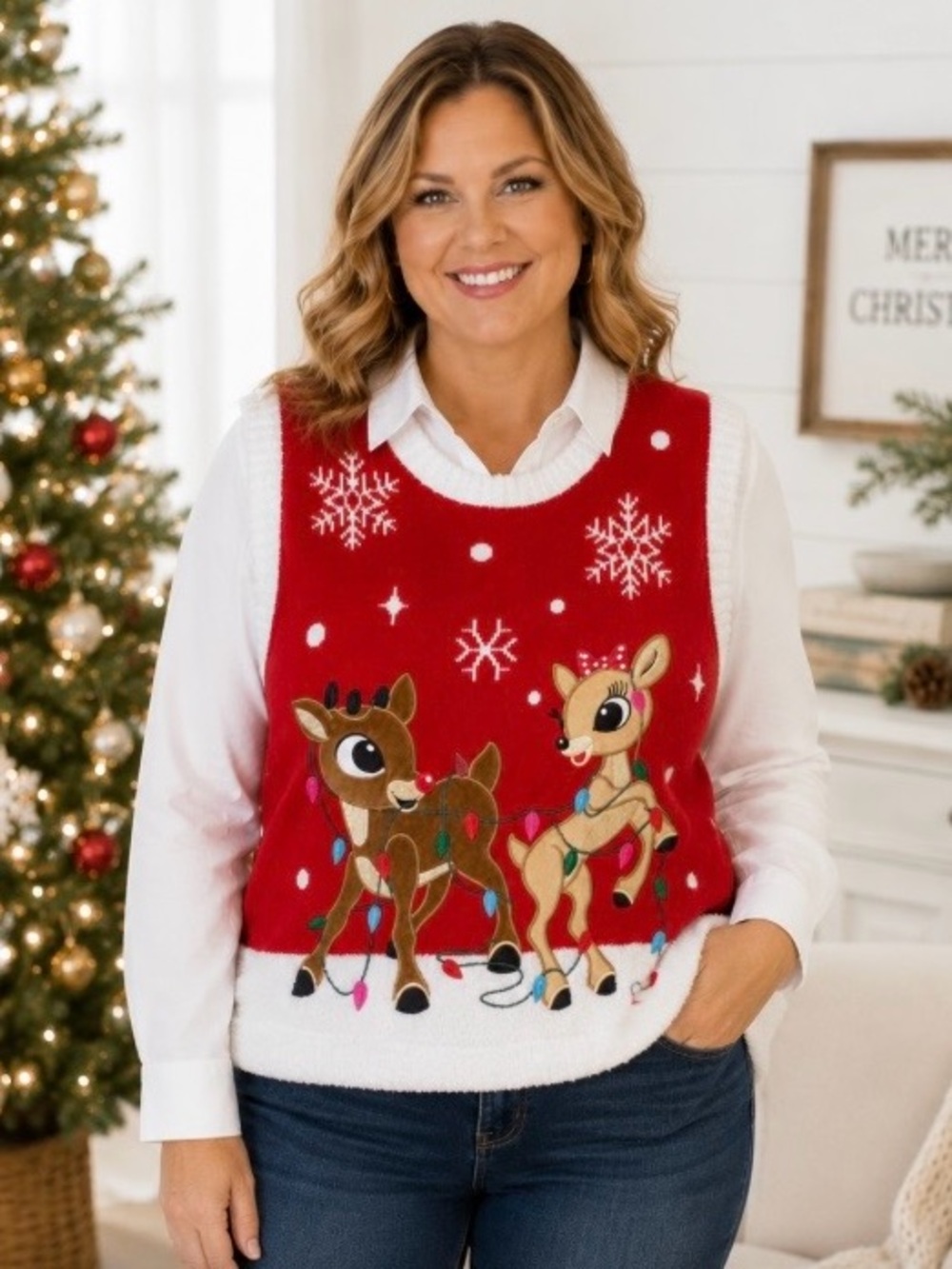 Rudolph Red Nose Reindeer & Clarice Womens XXL Sweater Vest Christmas Red White